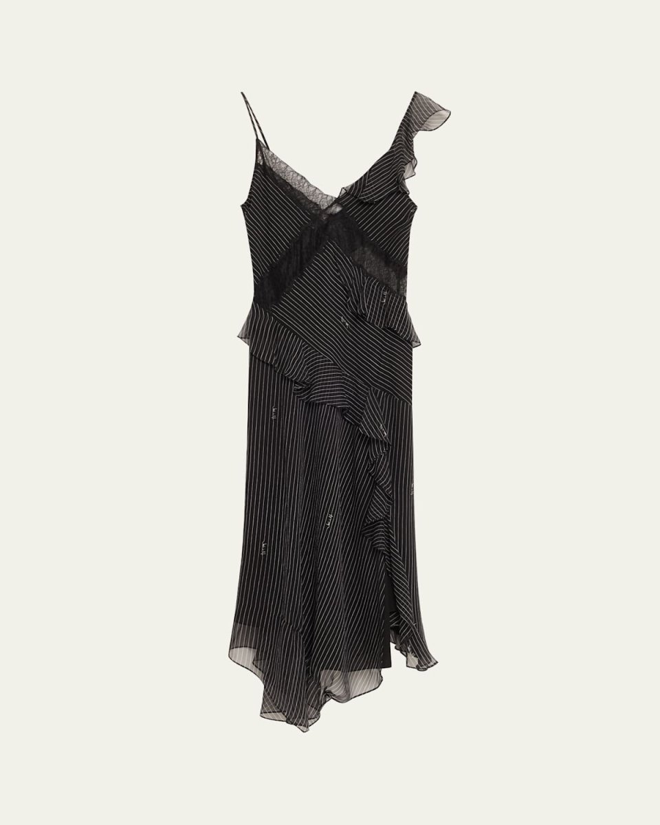 Sloane Pinstripe Script Ruffle Silk Midi Dress